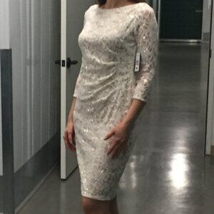 Side-Tucked Lace Sequin Sheath Dress, Size 12